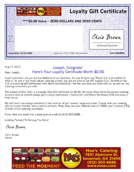 catering gift certificate letter