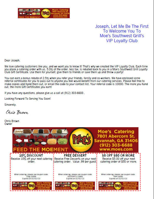 catering loyalty program welcome letter