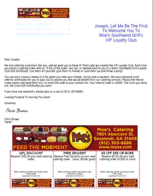 catering loyalty program welcome letter