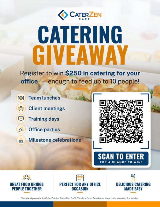 A CaterZen Café giveaway sign with a QR code to scan