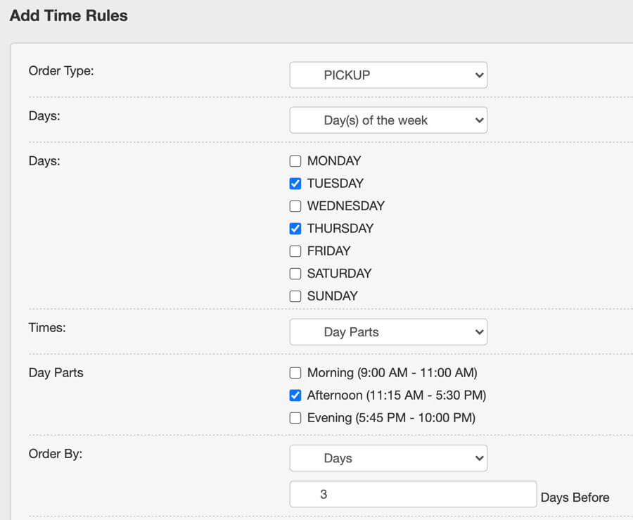 custom menu times rules