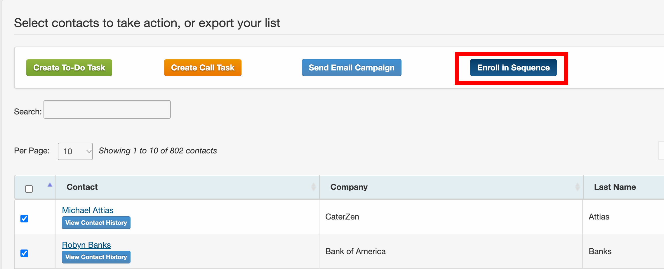 The Marketing List page in CRM Sales Pro with two contacts selected and the Enroll in Sequence button highlighted