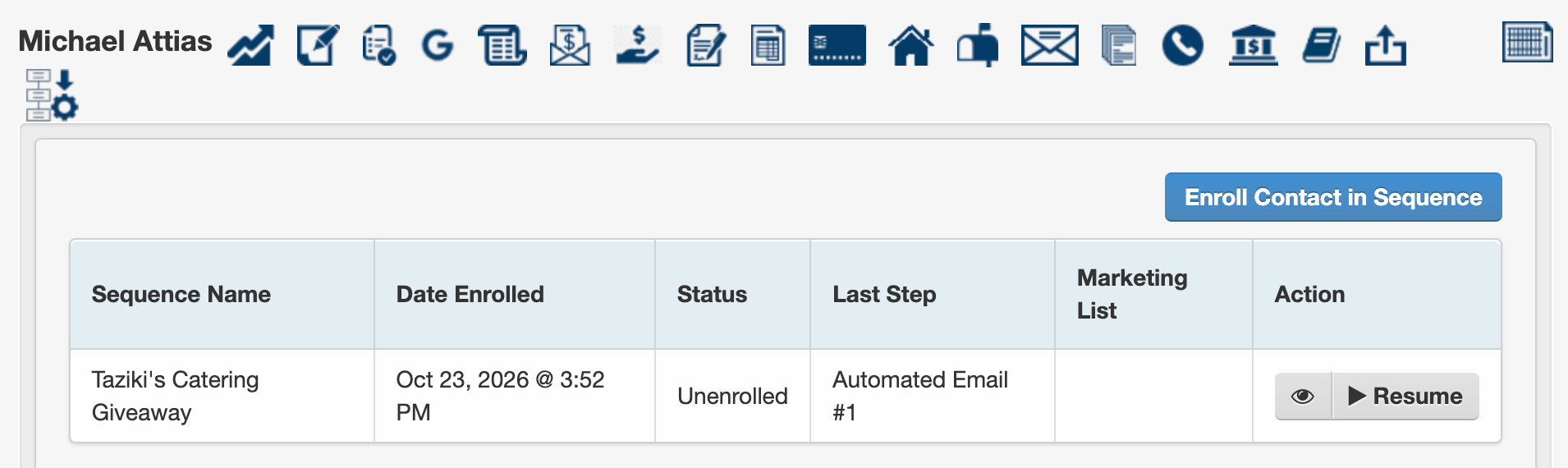 A contact record in CRM Sales Pro showing the Enroll Contact in Sequence button and each sequence the contact has been in, with its status
