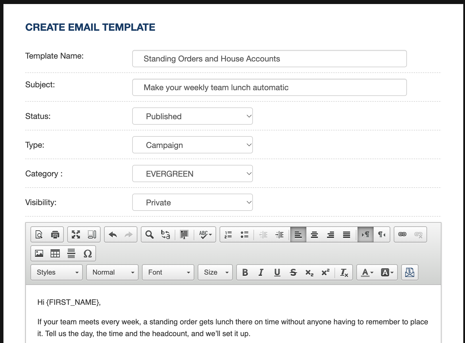 Creating a Campaign email template in CRM Sales Pro with the Category set to Evergreen