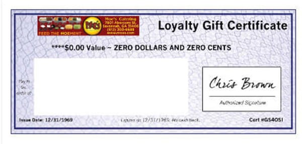 catering loyalty gift certificate