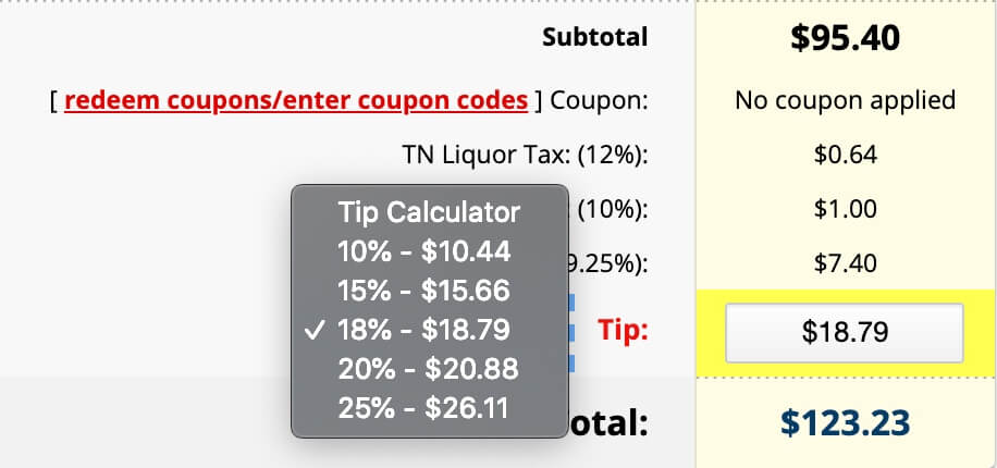 tip calculator online ordering