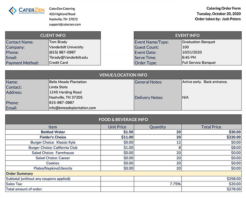 catering order form template