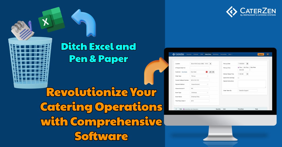pen and paper and excel going into a garbage, replaced by catering software