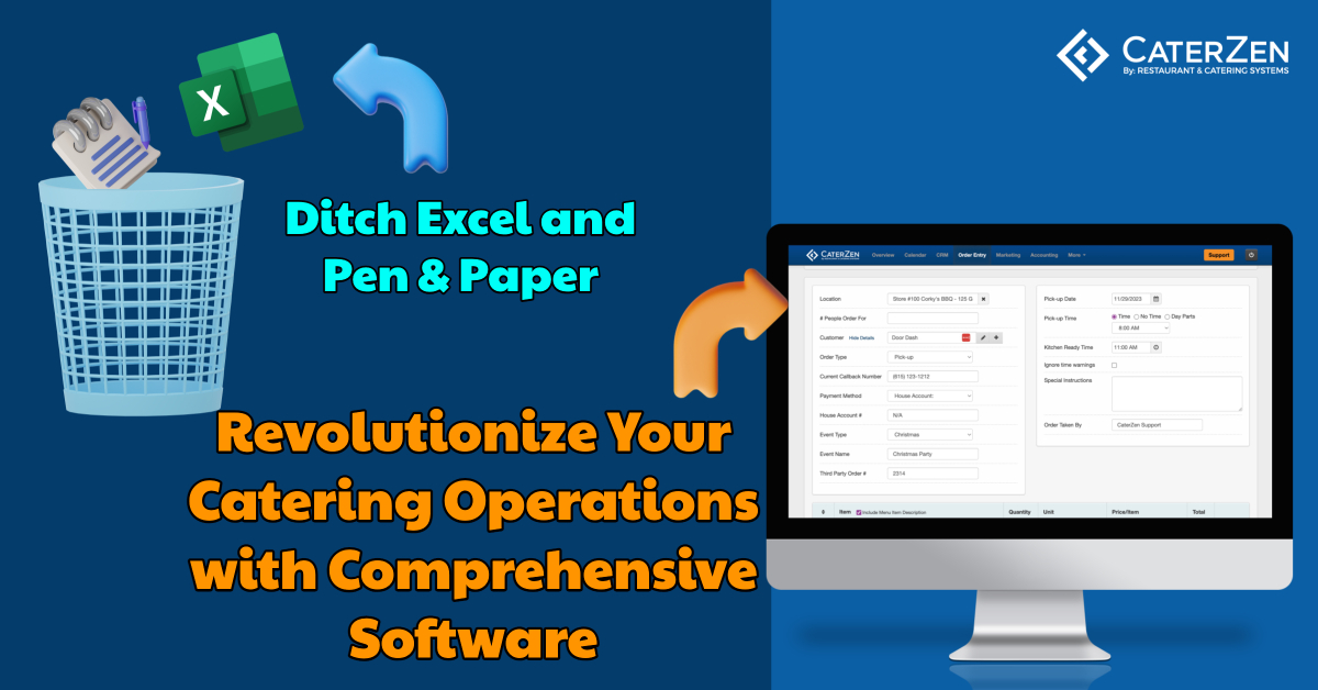 pen and paper and excel going into a garbage, replaced by catering software